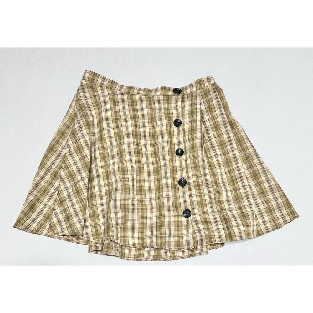 Shein Curve Womens Mini Skirt Plaid Pattern A-line Button Front Yellow Brown 1XL